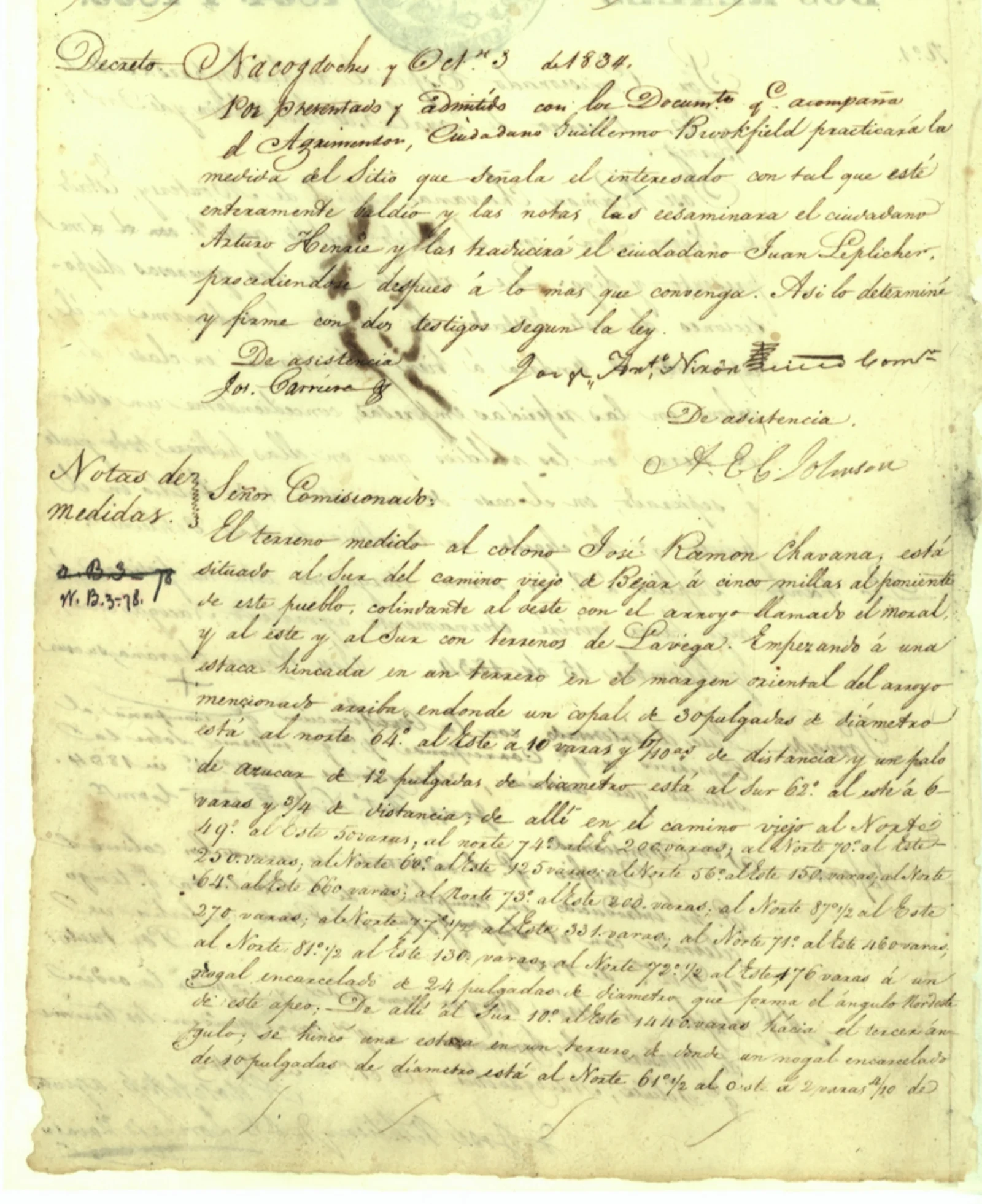 Chavana, José Ramón Original Cursive Land Grant & Field Notes (Angelina County, Abstract A-10)